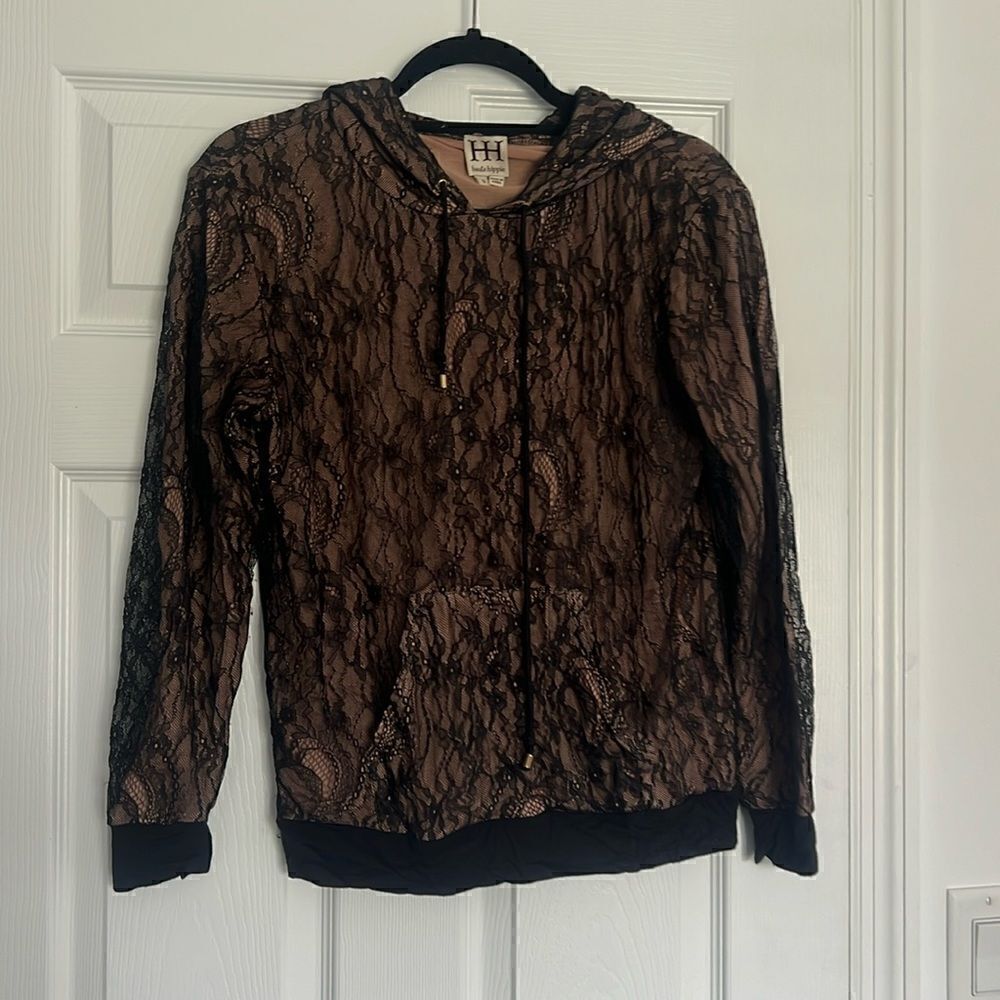 Haute Hippie Black & Tan Lace Hoodie - Sweater Size Small - Front Pocket & Hood